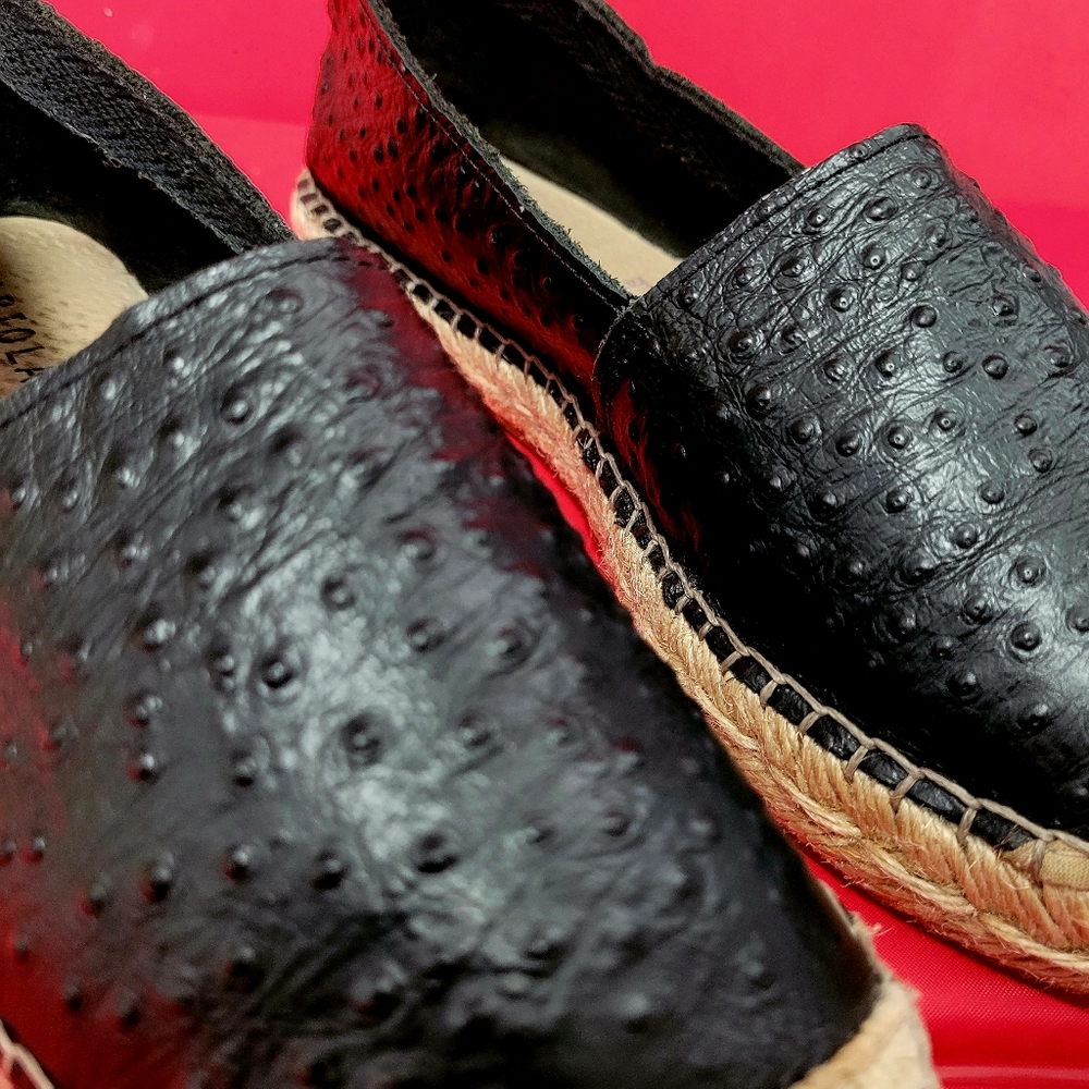 Fabiolas Luxury Black Ostrich Leather Womens Espadrilles Flats size 37 / US 6.5 - Picture 5 of 9